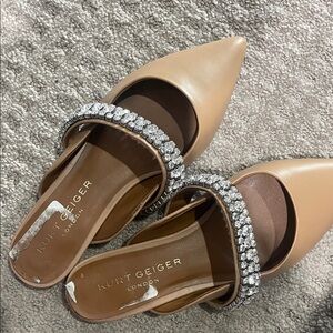Kurt Geiger Nude-Tan Pointed Slip-On Mules with Crystal Strap